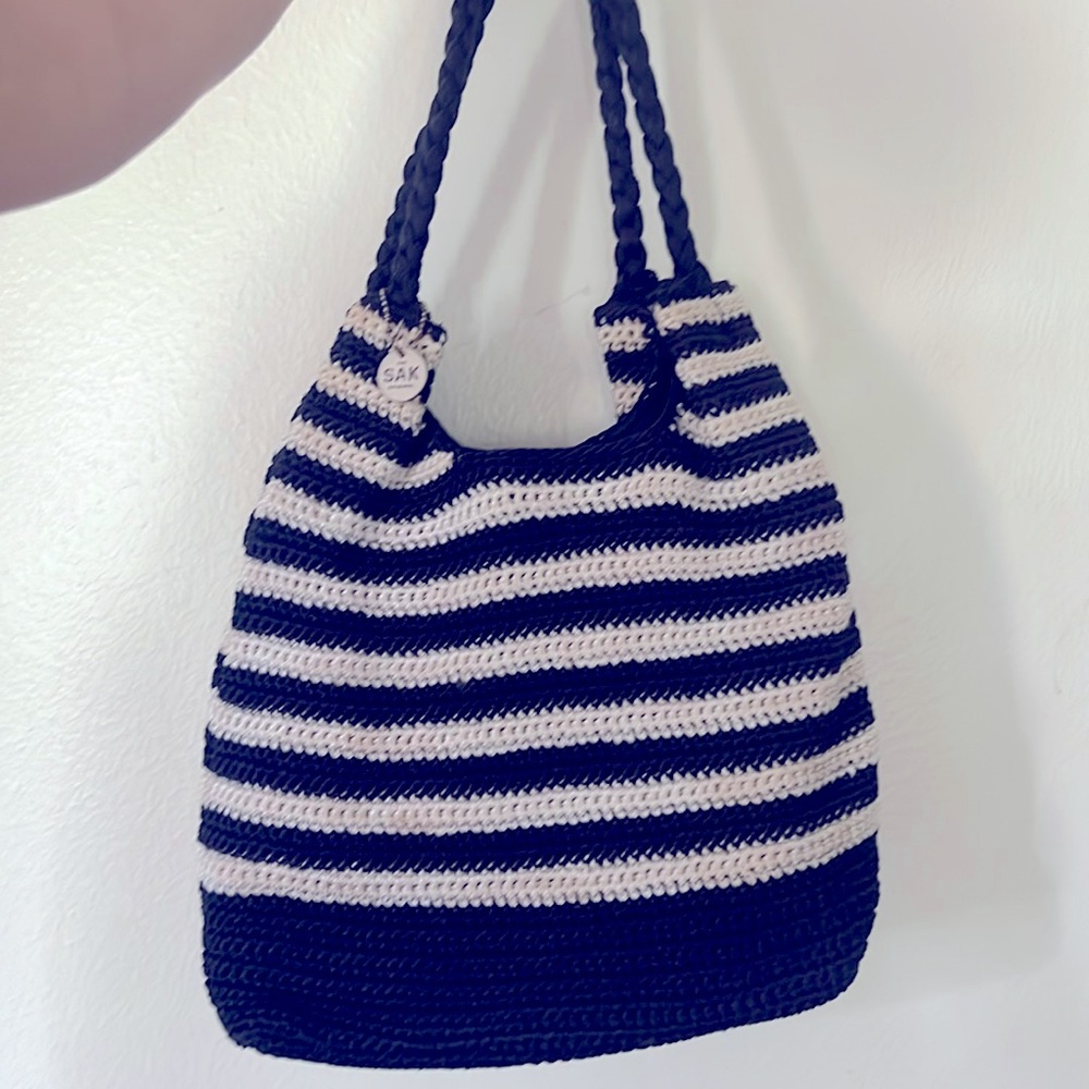 The Sak Nautical Navy Blue & White Stripe Woven Rope Shoulder Bag Purse